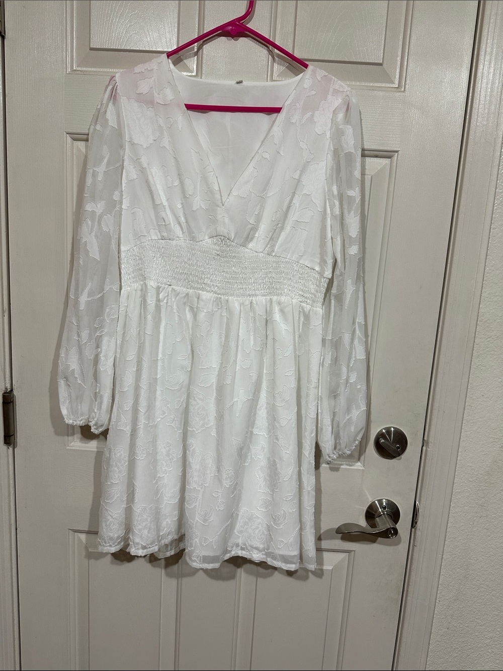 White Long Sleeve Smocked-Waist Dress